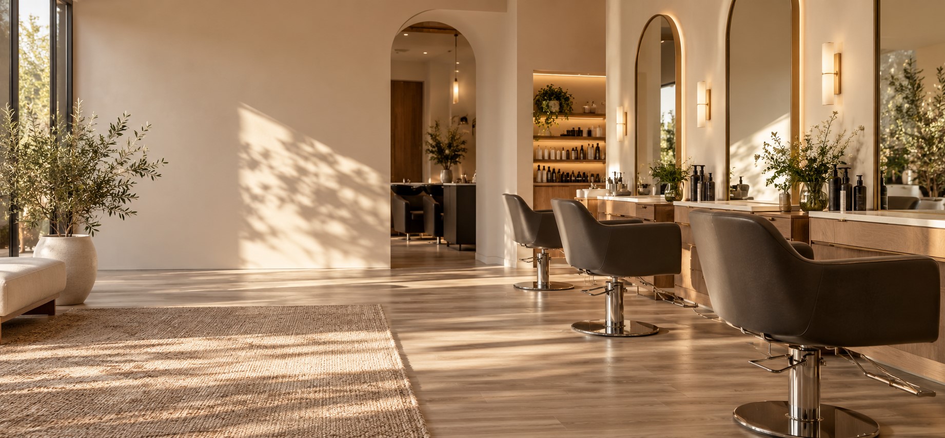 Modern hair salon with warm natural light