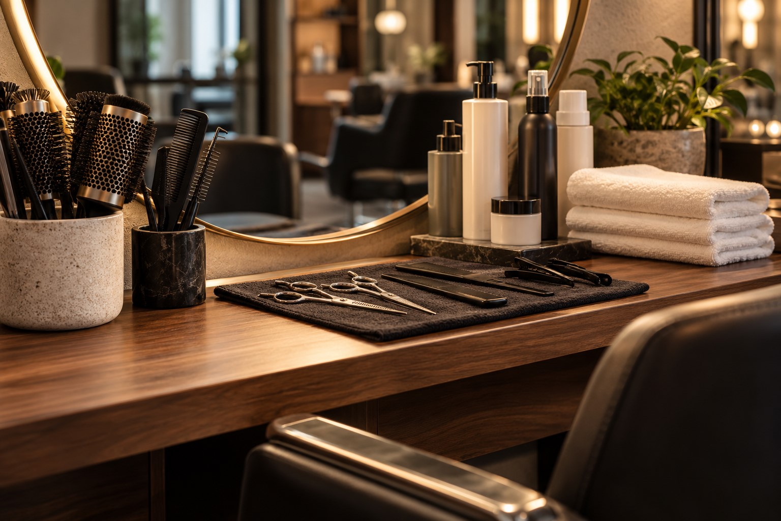 Professional hair styling tools at a salon station